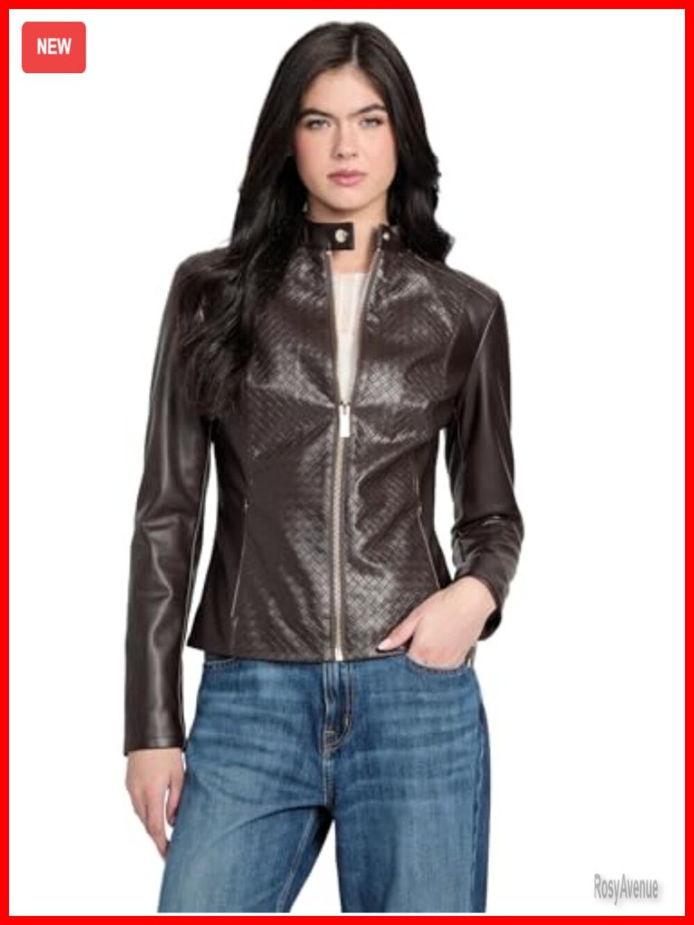 Mel Faux Leather Biker Jacket Snap Collar Full-Zip Moto